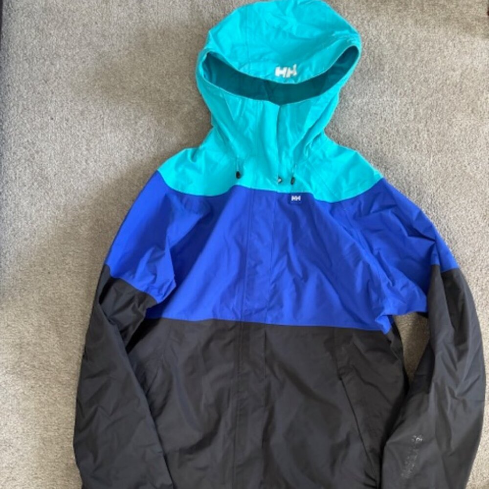 Helly Hansen Hooded Windbreaker Jacket – Blue/Black/Teal – Men’s XL (Fits Small)